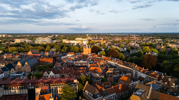 Aerial view of the historic city of Zwolle with its traditional red tiled rooftops narrow streets and lush green trees under a soft evening sky in Zwolle Overijssel Netherlands.