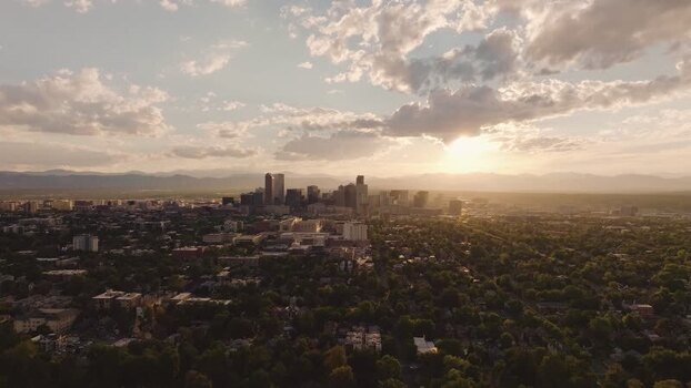 Aerial view of Denver skyline at sunset United States.