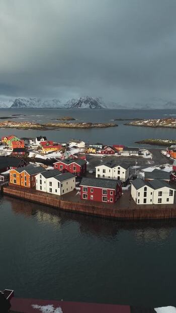 Aerial view of Henningsv&aelig;r Bryggehotell Norway.