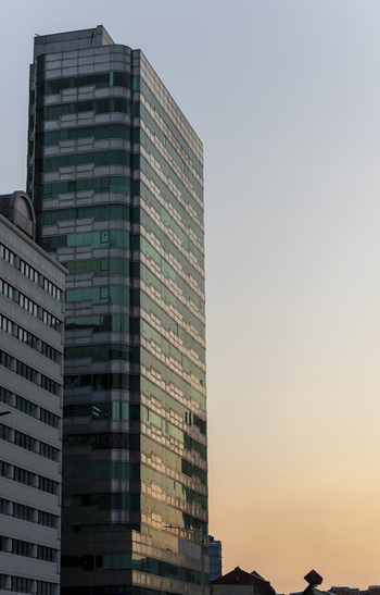 View of a modern skyscraper with green glass windows reflecting the sunset light in Taipei City Taiwan. View of a modern skyscraper with green glass windows reflecting the sunset light in Taipei City Taiwan.