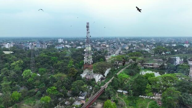 Aerial view of a telecom tower and railway bridge with birds flying Aerial view of a telecom tower and railway bridge with birds flying