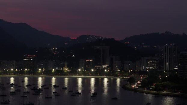 Aerial view of Botafogo bay at night in Rio de Janeiro Brazil.