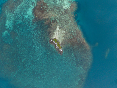 Aerial view of a small island with vibrant green vegetation surrounded by turquoise waters and coral reefs at camar rock island Jepara Regency Central Java Indonesia.