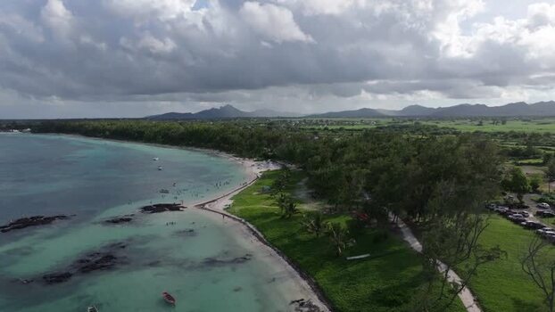 Aerial view of Belle Mare Beach in Quatre Cocos Mauritius.