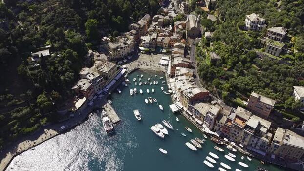Aerial view of Portofino harbor and colorful houses Italy.