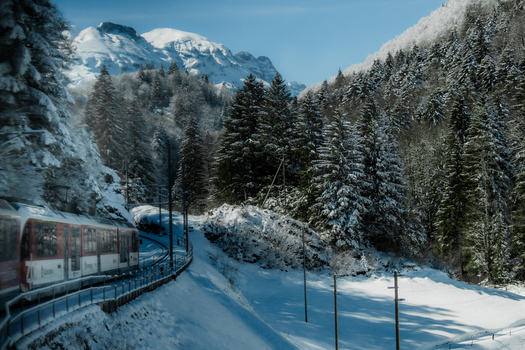 View of train slicing through a winter wonderland snow laden pines and majestic mountains framing the journey Train from Lucerne to Interlaken Switzerland. View of train slicing through a winter wonderland snow laden pines and majestic mountains framing the journey Train from Lucerne to Interlaken Switzerland.