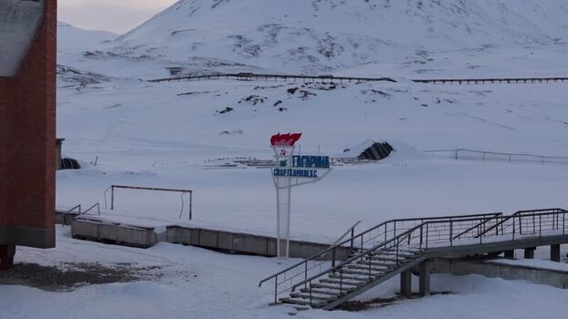 Aerial view of Pyramiden sports sign Svalbard and Jan Mayen.