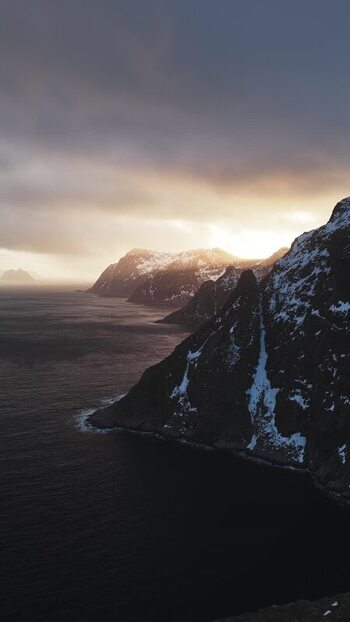 Aerial view of rocky coastline in &Aring; Norway.