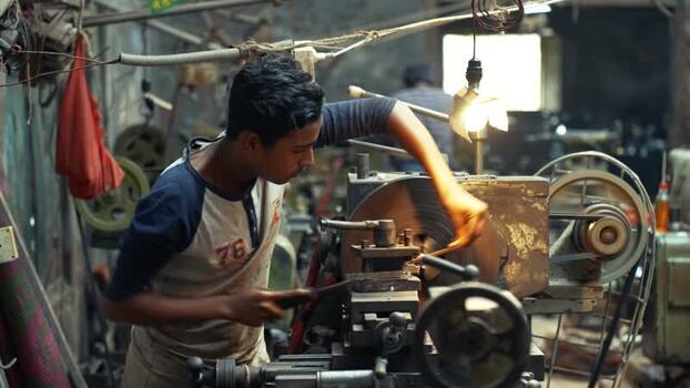 View of a worker operating a lathe machine in a workshop Bangladesh.
