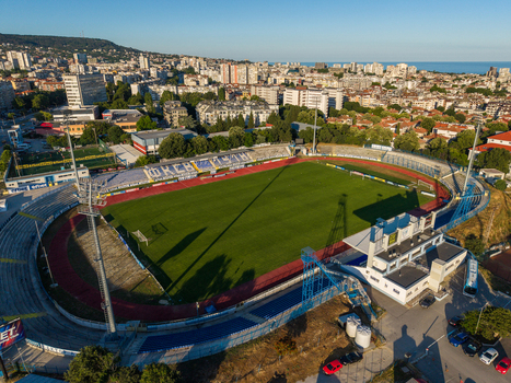Varna Bulgaria 23 June 2026 Aerial view of Spartak Stadium featuring the green pitch running track and surrounding urban buildings in Varna Bulgaria.