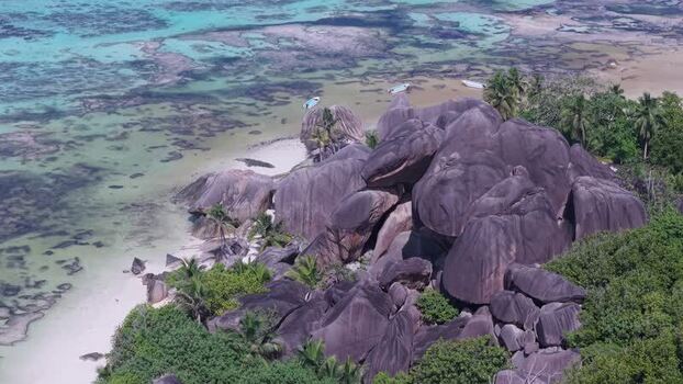 Aerial view of Anse Reunion granite boulders in Seychelles.