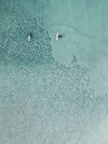 Aerial view of two surfers on surfboards in the clear turquoise waters of the Lofoten archipelago in Svolvaer Nordland Norway.