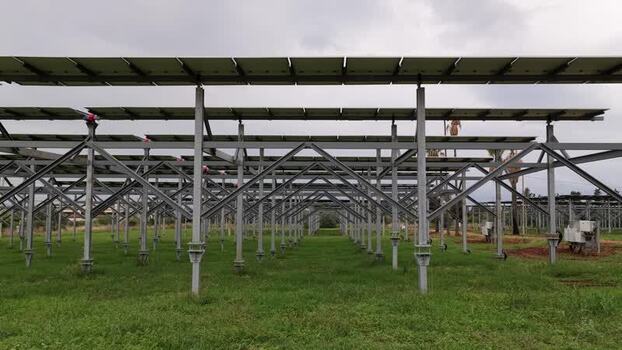 Aerial view of solar panels in a field Italy.