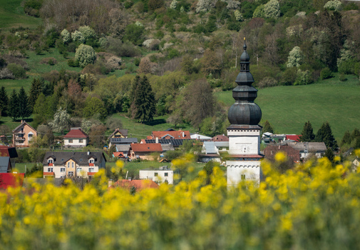 View of the historic church tower rising above a field of yellow flowers with village houses and green hills in the background in Partizanska Lupca Zilina Region Slovakia. View of the historic church tower rising above a field of yellow flowers with village houses and green hills in the background in Partizanska Lupca Zilina Region Slovakia.