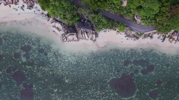 Aerial view of Praslin coastline Seychelles.