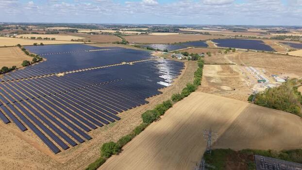 Aerial view of solar farm and BESS facility United Kingdom.