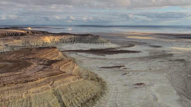 Aerial view of Bozjyra tract with white chalk cliffs Kazakhstan.