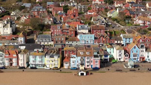 Aerial view of colorful houses in Aldeburgh United Kingdom.