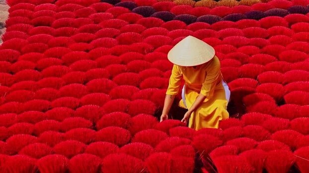 View of a person among vibrant incense sticks Vietnam.