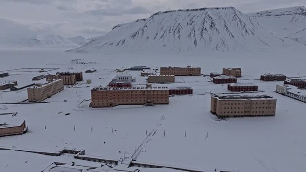 Aerial view of Pyramiden in the Arctic Svalbard and Jan Mayen.