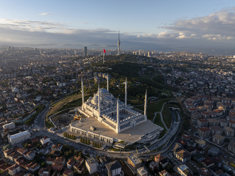 Aerial view of Grand Camlica Mosque surrounded by urban sprawl and green hills in Uskudar Istanbul Turkiye. Aerial view of Grand Camlica Mosque surrounded by urban sprawl and green hills in Uskudar Istanbul Turkiye.