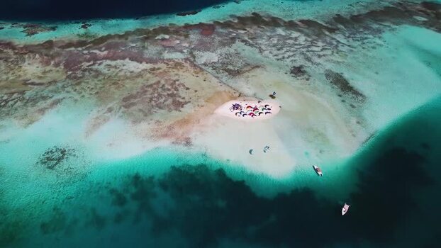 Aerial view of Los Roques archipelago with kitesurfing kites Venezuela.