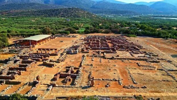 Aerial view of the Minoan Palace of Malia in Crete Greece.