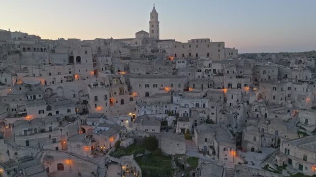 Aerial view of Sassi di Matera historic stone buildings Italy.