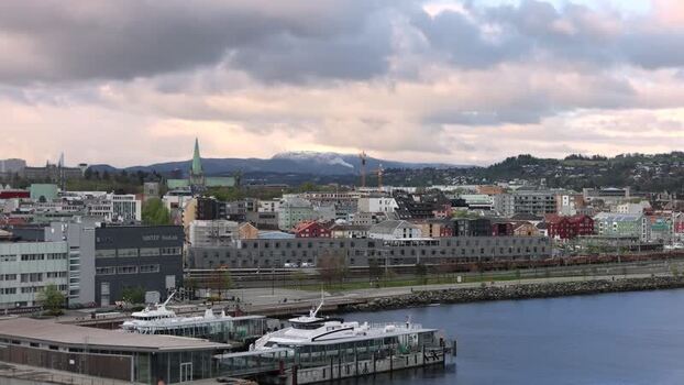 Aerial view of the city skyline and harbor in Trondheim Norway.