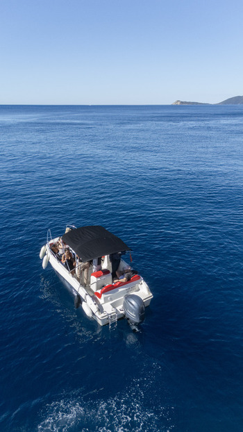 Aerial view of a small motorboat with people relaxing on board cruising across the deep blue waters of the Adriatic Sea near Tivat Tivat Municipality Montenegro. Aerial view of a small motorboat with people relaxing on board cruising across the deep blue waters of the Adriatic Sea near Tivat Tivat Municipality Montenegro.