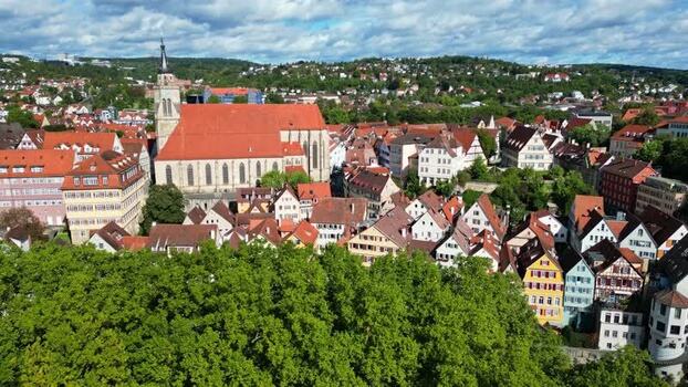Aerial view of Stiftskirche and old town in Tubingen Germany. Aerial view of Stiftskirche and old town in Tubingen Germany.