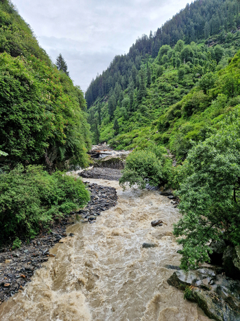 View of the Malana River flowing through a lush green valley with steep forested slopes and rocky banks in Malana Himachal Pradesh India.