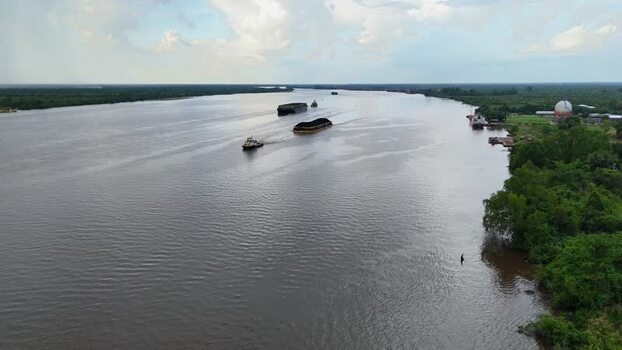 Aerial view of Sungai Barito with coal barges in Indonesia.