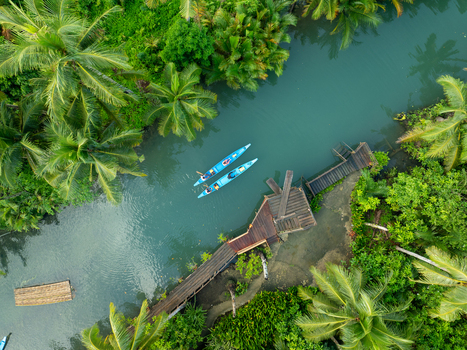 Aerial view of two blue kayaks paddling along the Maasin River surrounded by lush palm trees and a wooden dock in Siargao Philippines. Aerial view of two blue kayaks paddling along the Maasin River surrounded by lush palm trees and a wooden dock in Siargao Philippines.