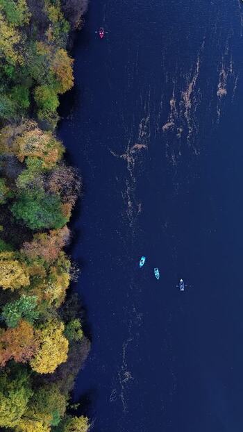 Aerial view of boats on a river near autumn forest Hungary. Aerial view of boats on a river near autumn forest Hungary.