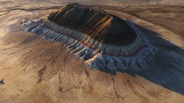 Aerial view of Mount Bokty in the desert of Kazakhstan.