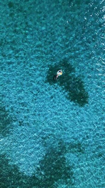 Aerial view of a snorkeler swimming in clear turquoise water Honduras. Aerial view of a snorkeler swimming in clear turquoise water Honduras.