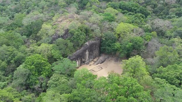 Aerial view of rock cut Buddha statue Sri Lanka.