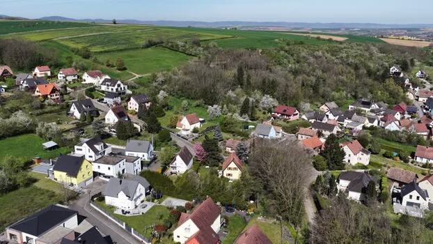 Aerial view of village houses and fields France.
