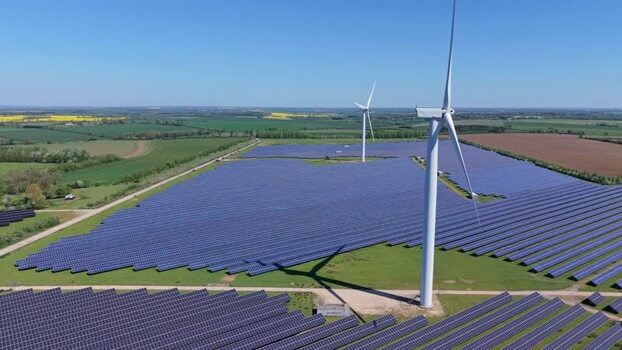 Aerial view of Chelveston Wind Farm and solar panels United Kingdom. Aerial view of Chelveston Wind Farm and solar panels United Kingdom.