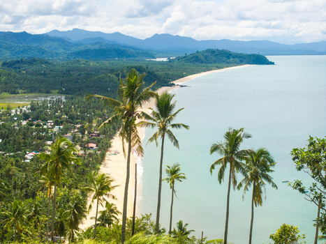 Aerial view of Ningning Viewpoint overlooking the long sandy beach with tall palm trees and lush green mountains in San Vicente Mimaropa Philippines.
