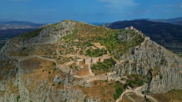 Aerial view of Acrocorinth fortress ruins Greece.
