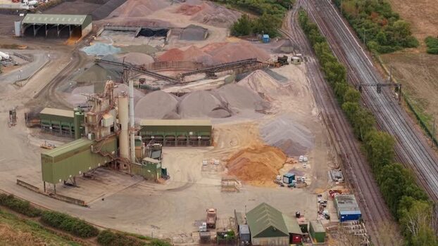 Aerial view of industrial tarmac production facility United Kingdom.
