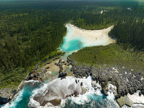 Aerial view of the turquoise Oro Natural Pool embraced by the dark green trees contrasted against the rugged coastline Oro Natural Pool L Île des Pins New Caledonia. Aerial view of the turquoise Oro Natural Pool embraced by the dark green trees contrasted against the rugged coastline Oro Natural Pool L Île des Pins New Caledonia.