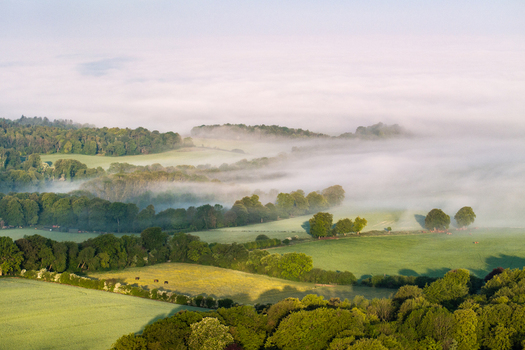 Aerial view of rolling green hills and lush woodlands partially shrouded in thick morning mist Nuffield Oxfordshire United Kingdom. Aerial view of rolling green hills and lush woodlands partially shrouded in thick morning mist Nuffield Oxfordshire United Kingdom.