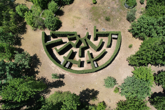 Aerial view of a semicircular hedge maze surrounded by green trees and dry grass in Turin Piedmont Italy. Aerial view of a semicircular hedge maze surrounded by green trees and dry grass in Turin Piedmont Italy.