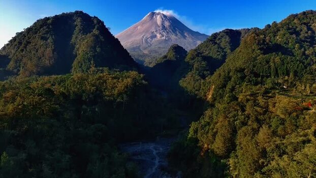 Aerial view of Nawang Jagad and Mount Merapi Indonesia.