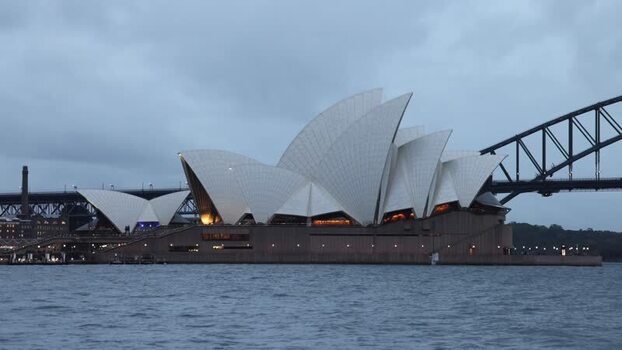 View of the iconic Sydney Opera House at dusk Australia.