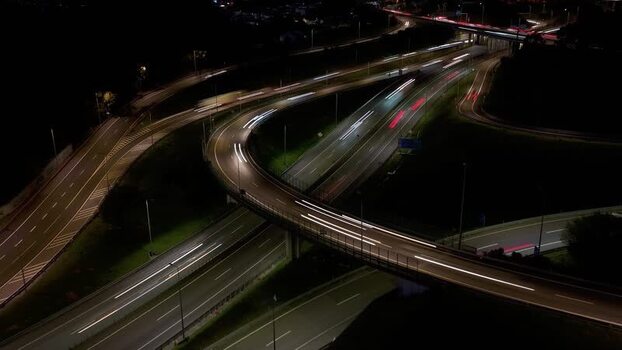Aerial view of highways at night Portugal.