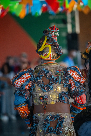 Rio de Janeiro Brazil 20 June 2026 View of a person wearing an elaborate colorful costume adorned with flowers and trinkets during the Festa Junina festival. Rio de Janeiro Brazil 20 June 2026 View of a person wearing an elaborate colorful costume adorned with flowers and trinkets during the Festa Junina festival.